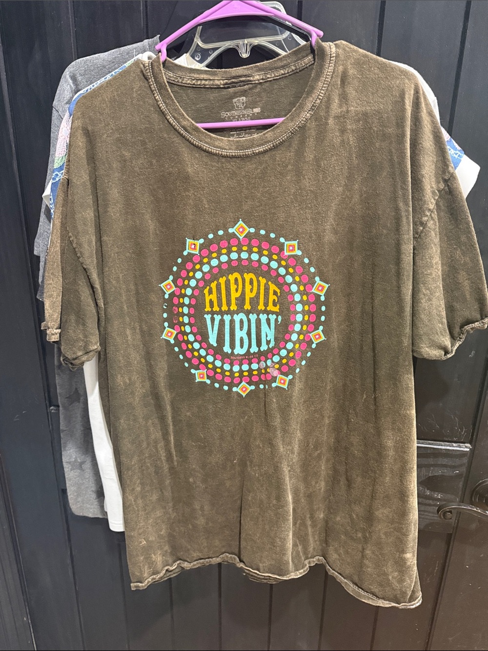 Hippie Vibin' Graphic Tee — Olive Brown with Bright Multicolor Print